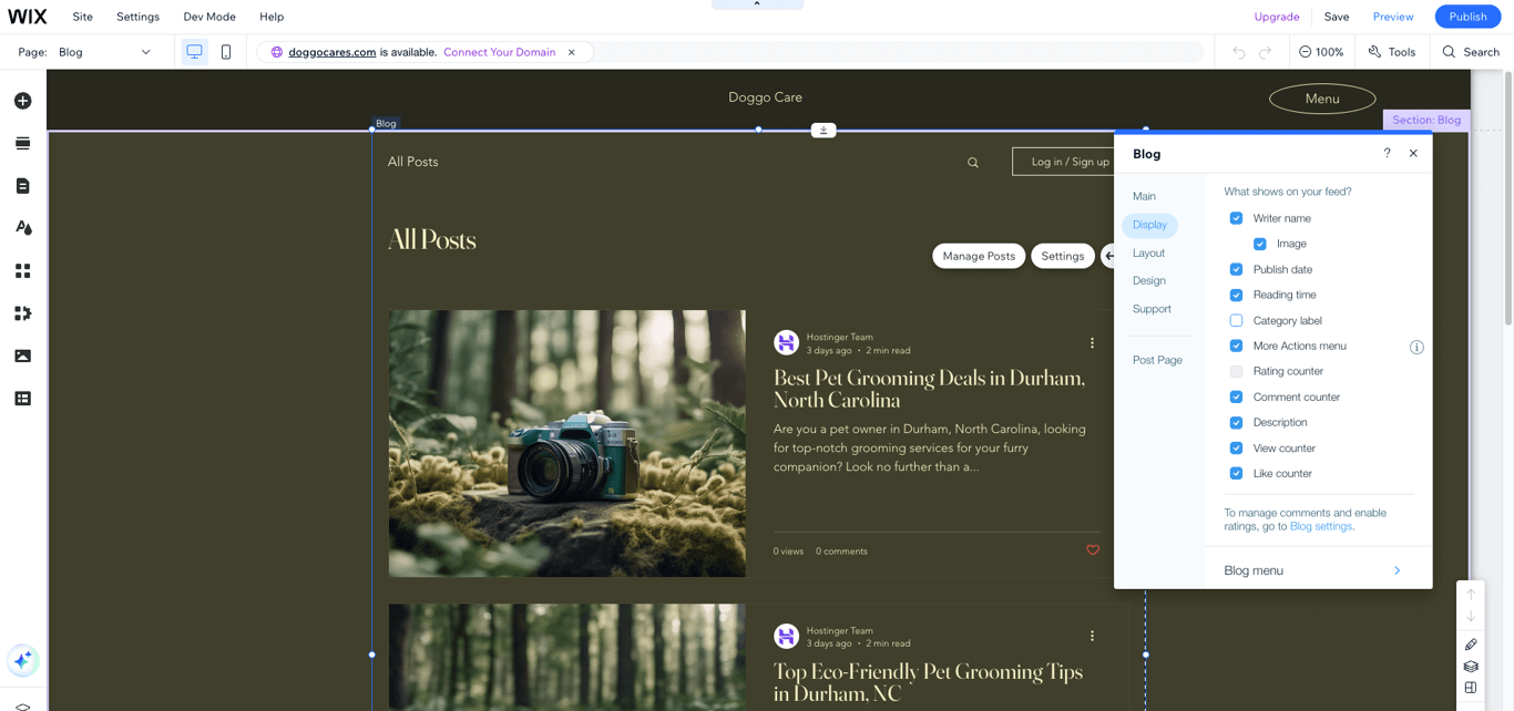 Pengaturan blog Wix di editor