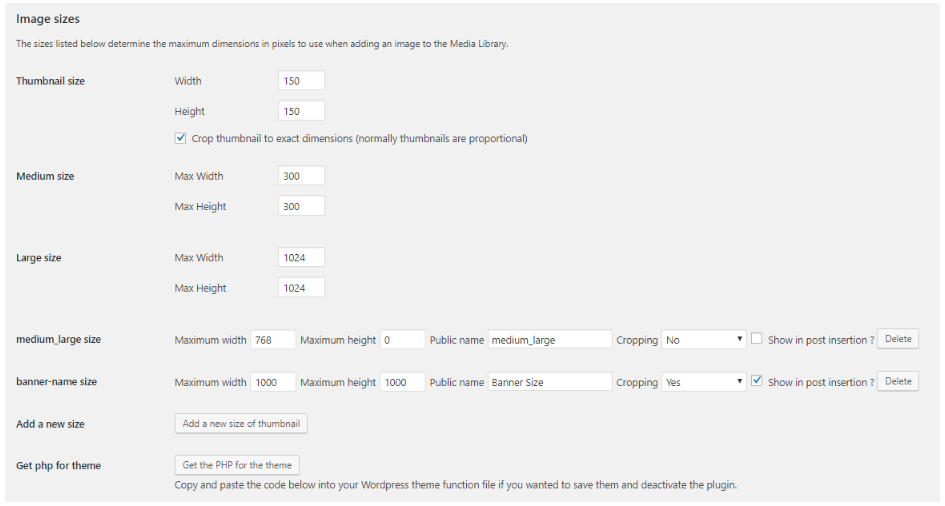 Pengaturan plugin Simple Image Sizes
