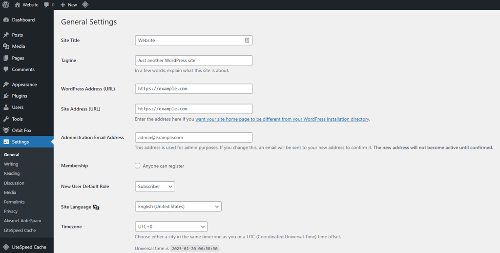 Bagian pengaturan umum di dashboard WordPress