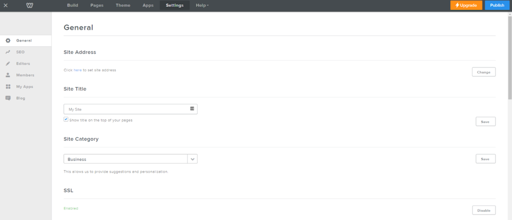 Halaman pengaturan umum di Weebly