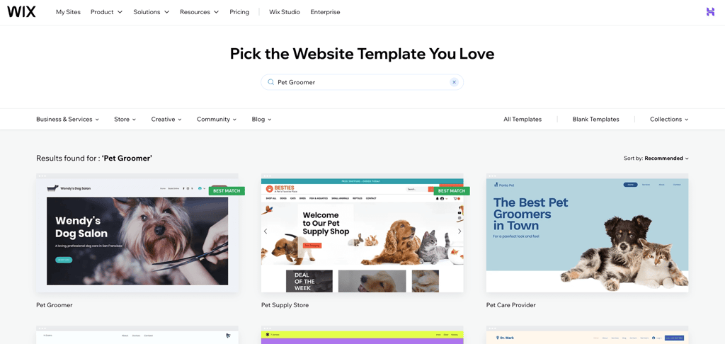 Memilih template untuk website Wix