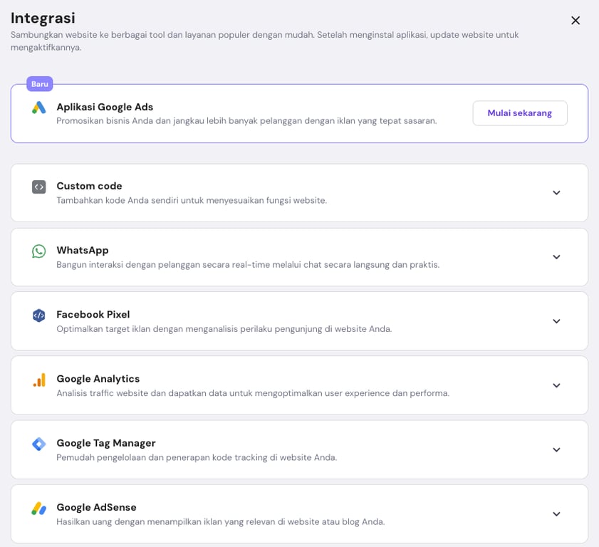 daftar integrasi tool yang didukung oleh website builder hostinger