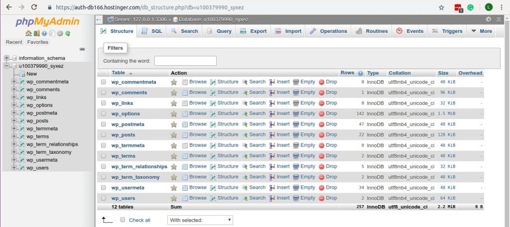 Interface phpMyAdmin
