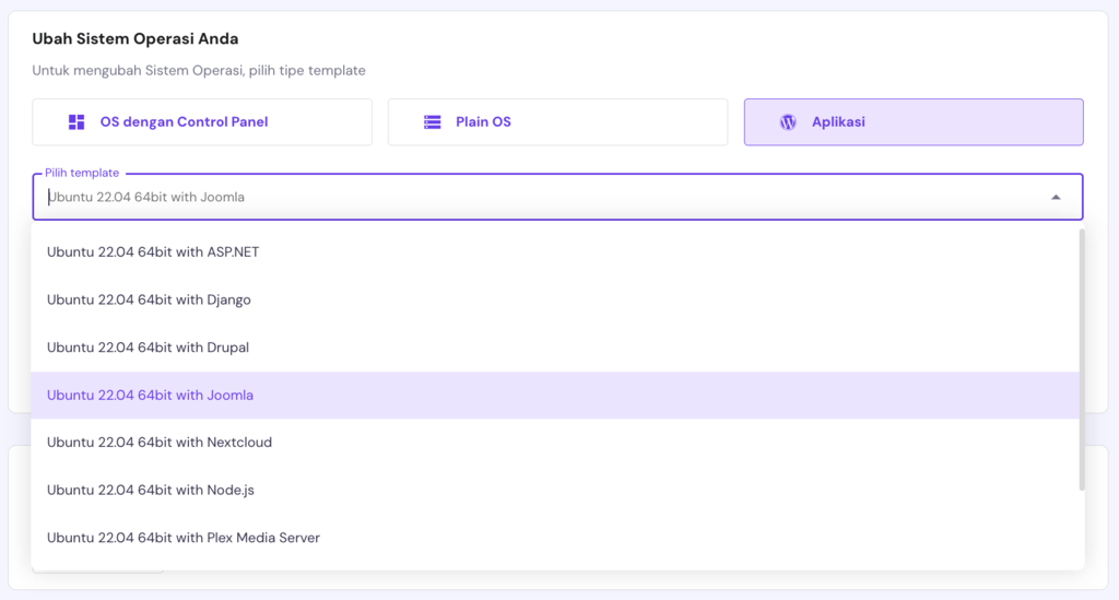La p&aacute;gina de sistemas operativos en hPanel. La plantilla Joomla est&aacute; seleccionada.