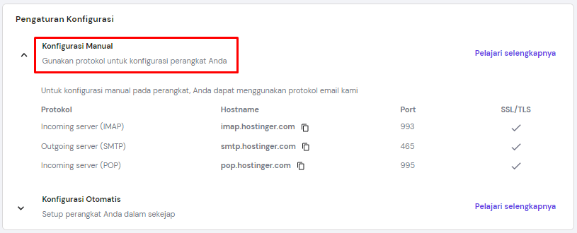 tampilan konfigurasi server email manual di hpanel