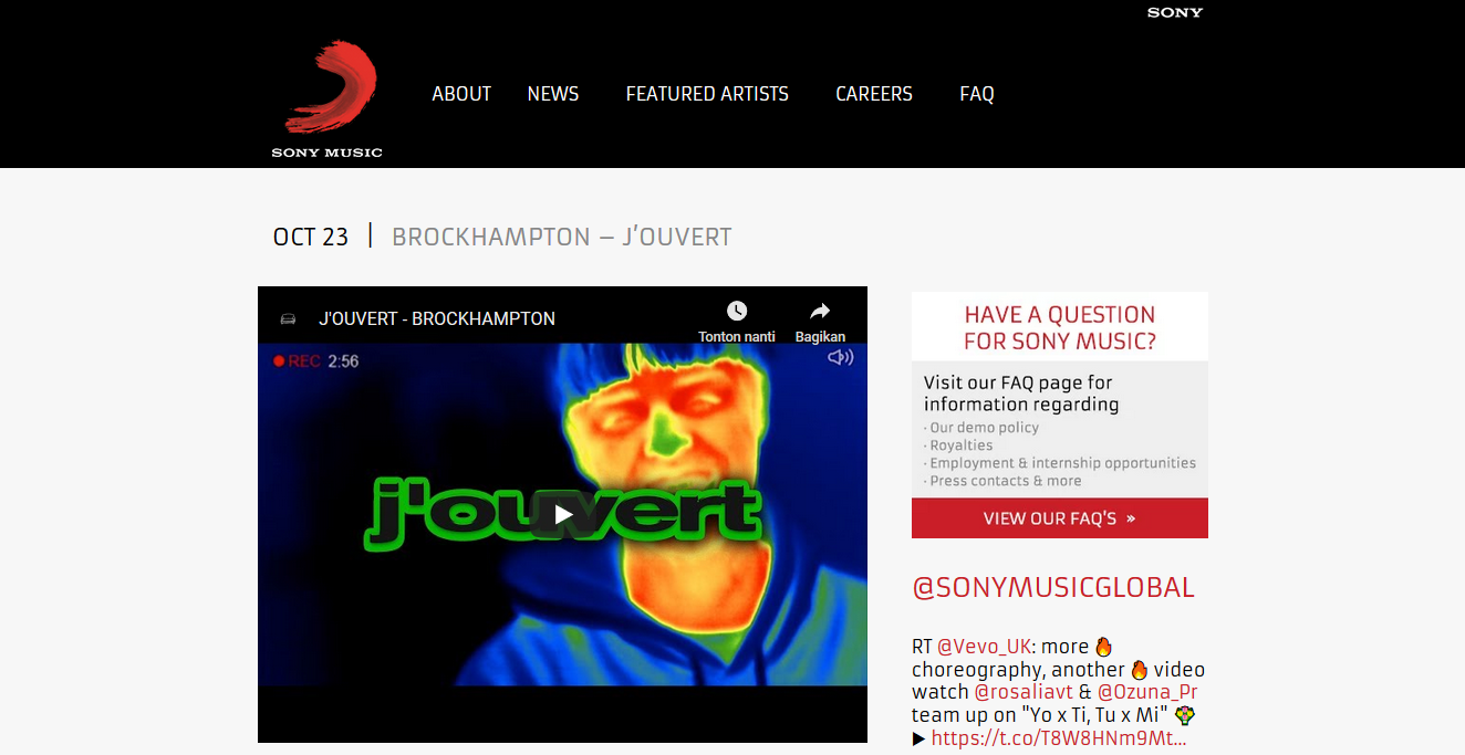 youtube pada halaman sony