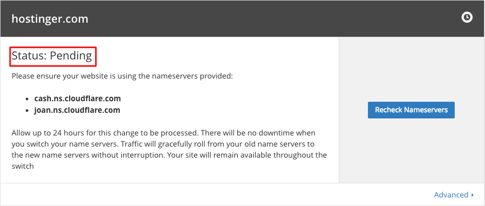 Status pending CloudFlare WordPress