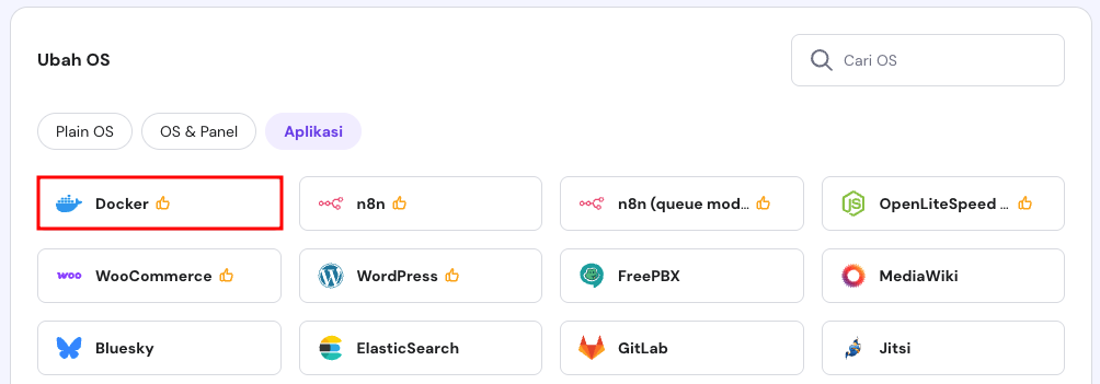 tampilan bagian sistem operasi vps di hpanel dengan aplikasi docker yang dipilih