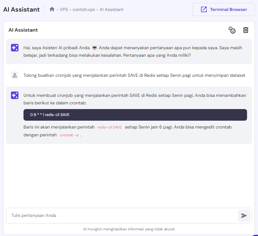 tampilan vps ai assistant hostinger dengan prompt untuk cronjob redis
