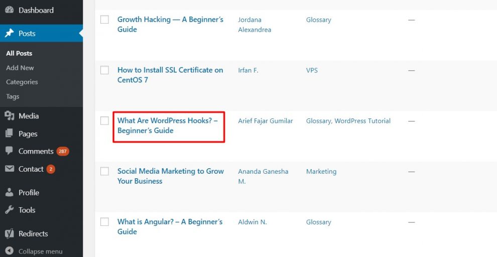 klik judul pada post yang ingin anda temukan podt id wordpress nya