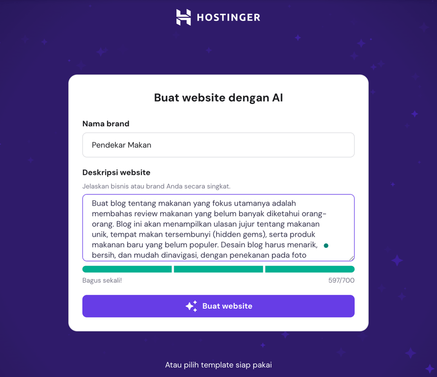 contoh prompt website builder hostinger untuk membuat blog tentang makanan