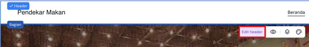 memilih edit header untuk mengubah logo blog makanan