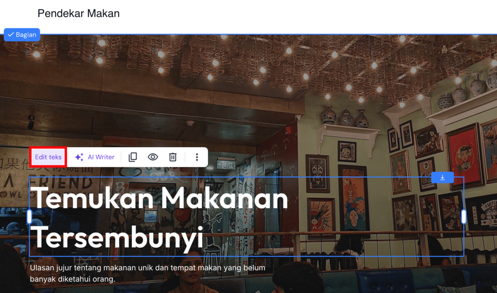memilih fitur edit teks di builder untuk menyesuaikan template