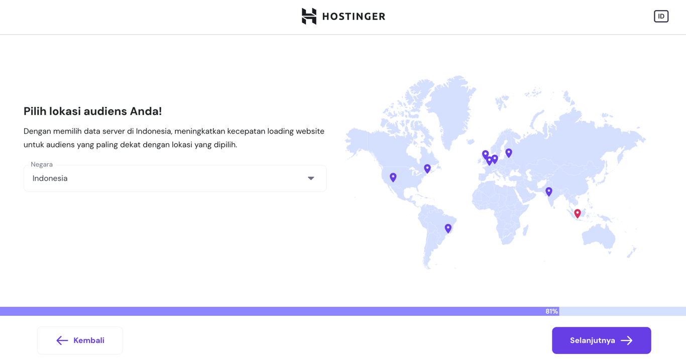 bagian onboarding hostinger untuk memilih lokasi pusat data dengan indonesia yang dipilih
