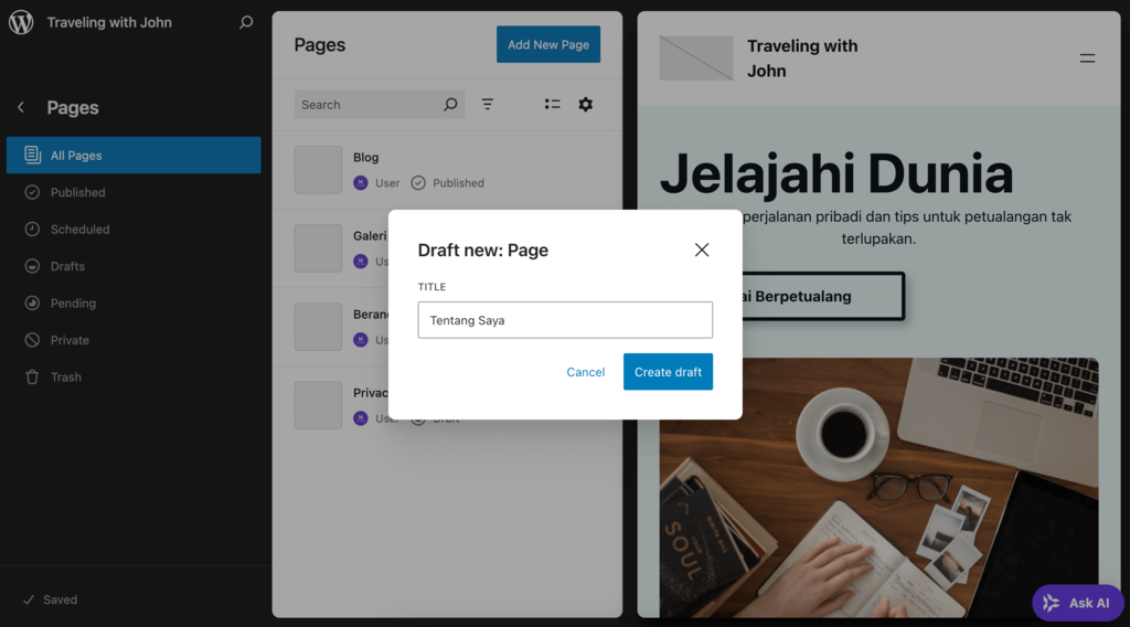 tampilan proses membuat halaman baru di wordpress editor