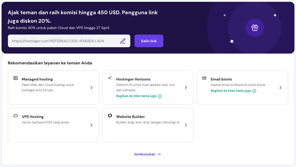 tampilan program referral hostinger di hpanel
