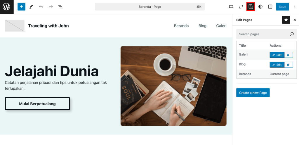 tampilan editor halaman wordpress dengan tombol edit halaman yang dipilih