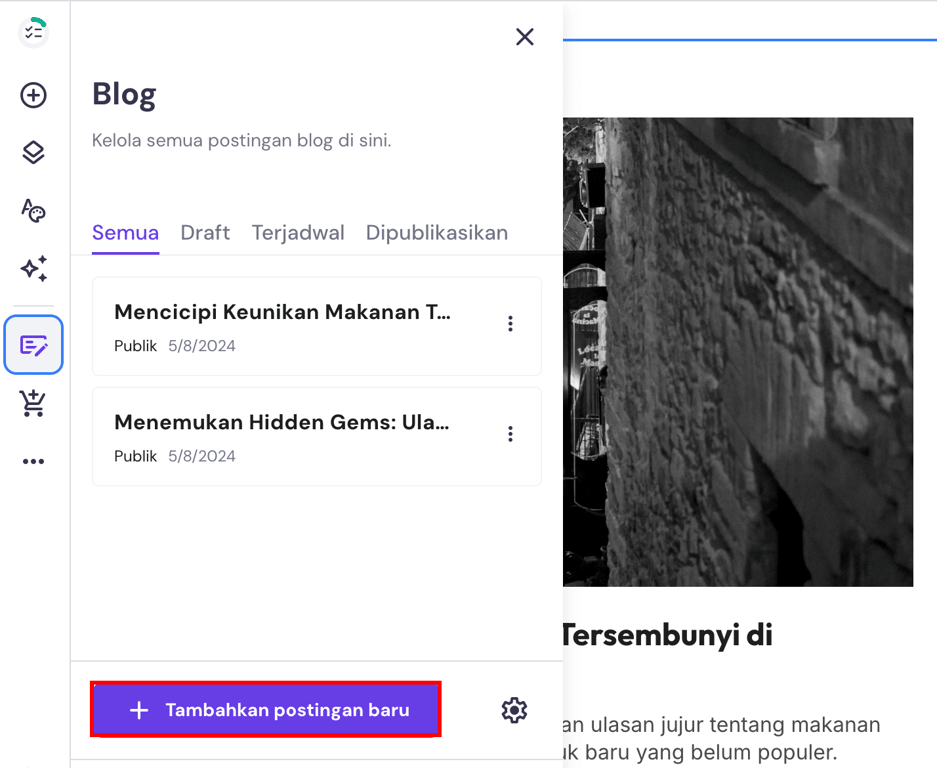 memilih tambahkan postingan barui di builder untuk menambahkan konten