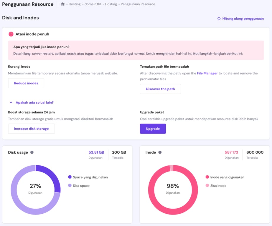Halaman penggunaan sumber daya di hPanel