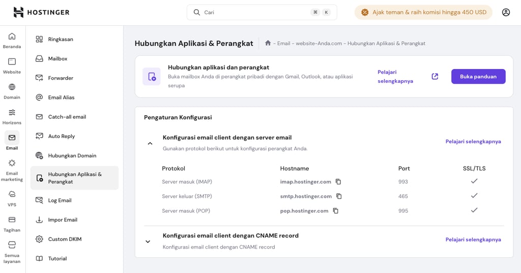 opsi hubungkan aplikasi dan perangkat di menu email hpanel
