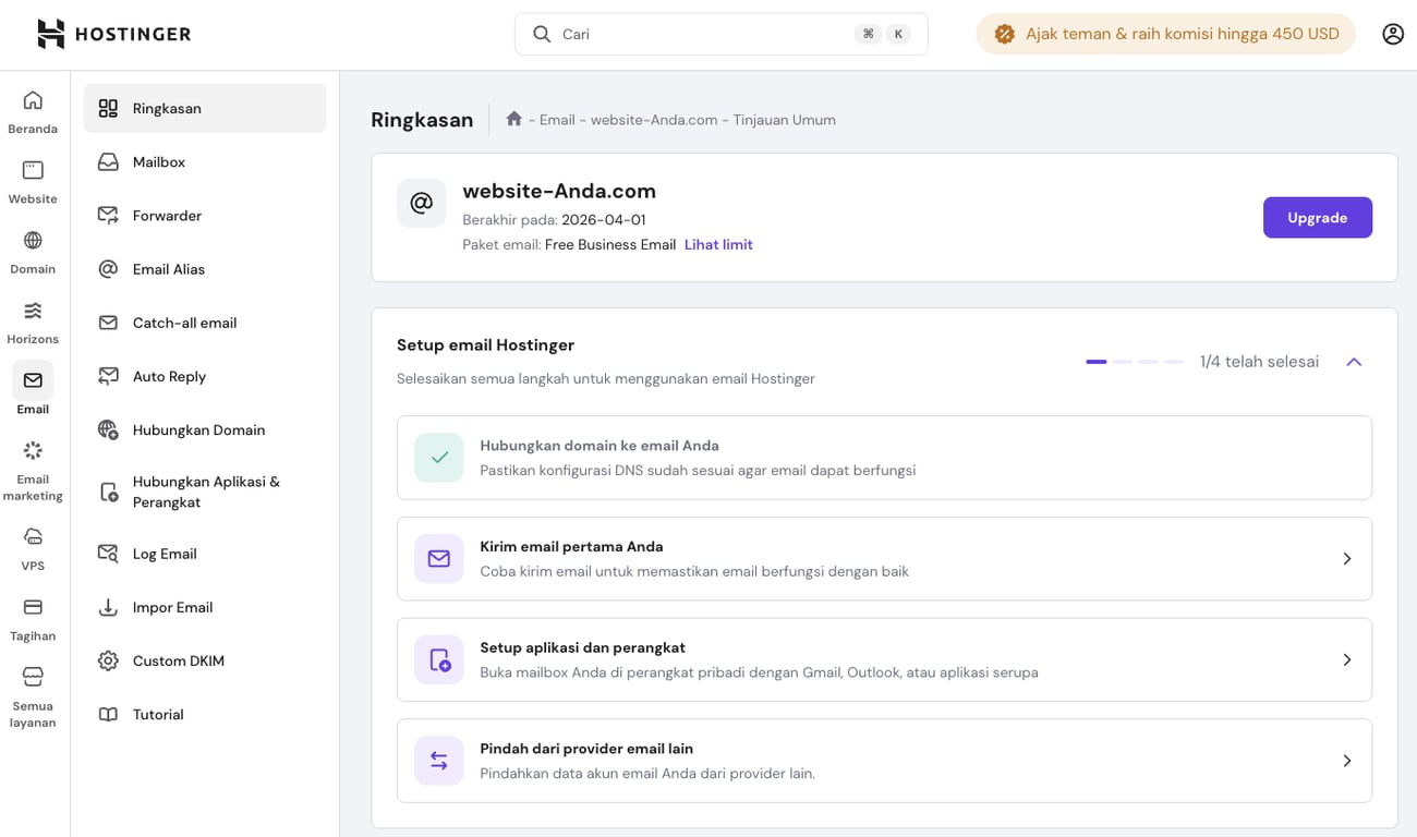 Halaman ringkasan email di hPanel menampilkan tips optimasi email bisnis