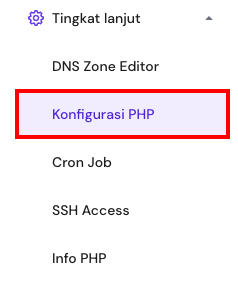 bagian konfigurasi php di sidebar kiri hpanel