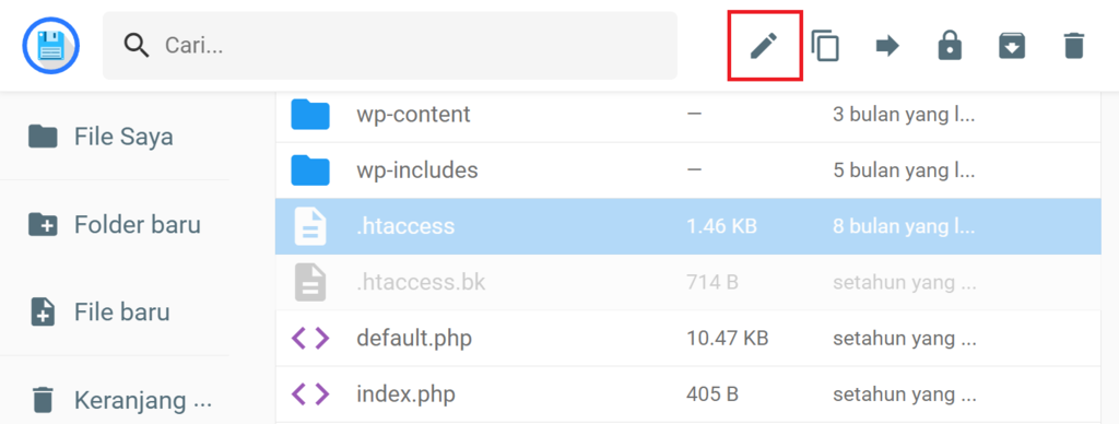 bagian file manager hostinger dengan opsi edit htaccess yang dipilih