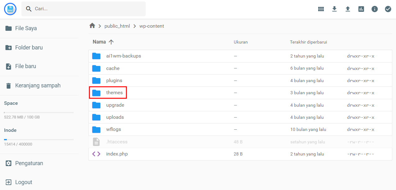 Folder Themes pada file manager Hostinger