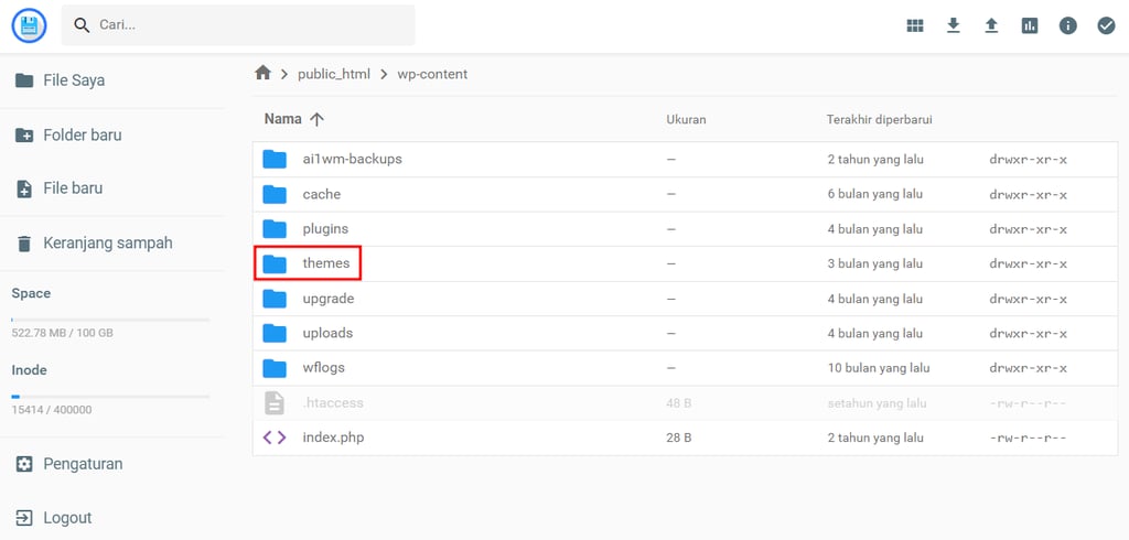 Folder Themes pada file manager Hostinger