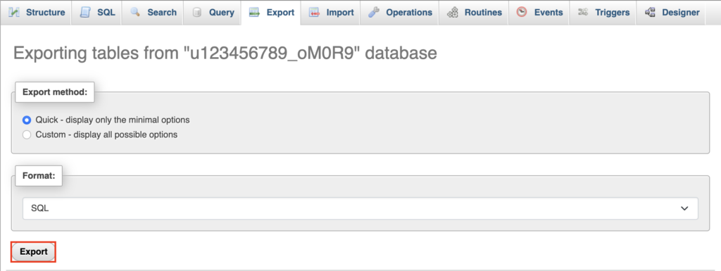 memilih tombol export di phpmyadmin