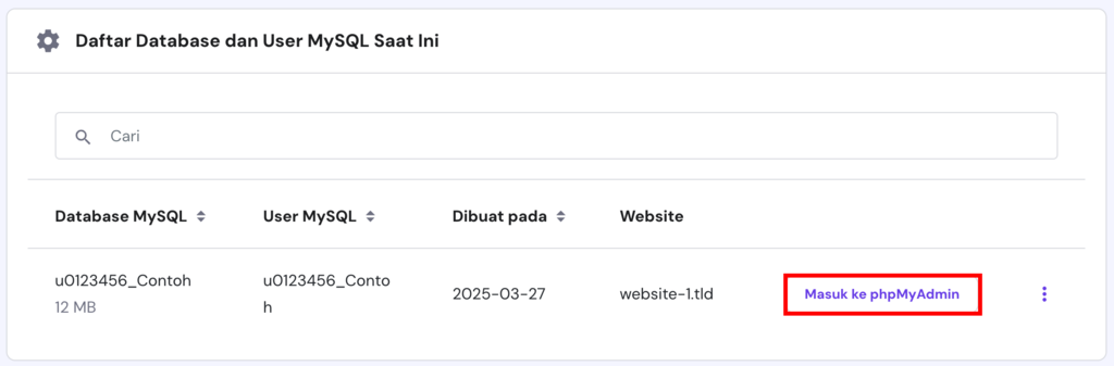 memilih opsi masuk ke phpmyadmin dari bagian database hpanel