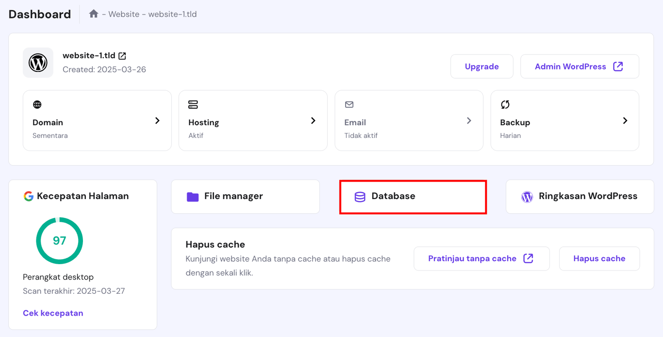 tampilan memilih menu database di halaman dashboard hpanel