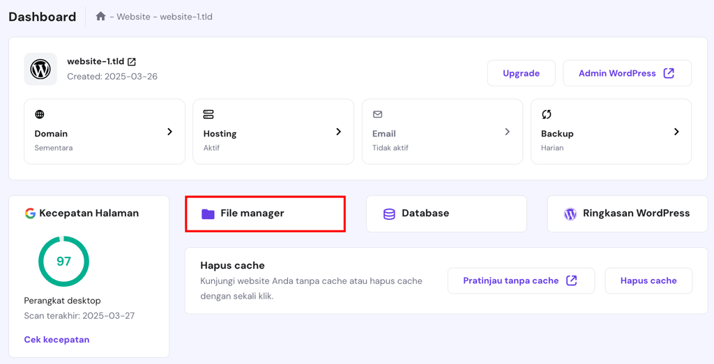 tampilan memilih menu file manager hostinger di halaman dashboard hpanel
