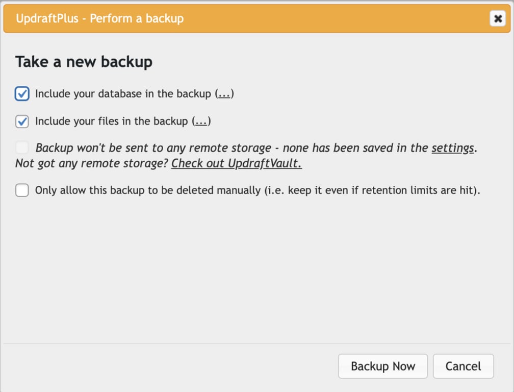 opsi backup di updraftplus setelah memilih backup now