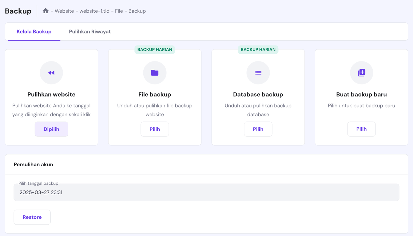 bagian pemulihan akun dari menu backup di hpanel