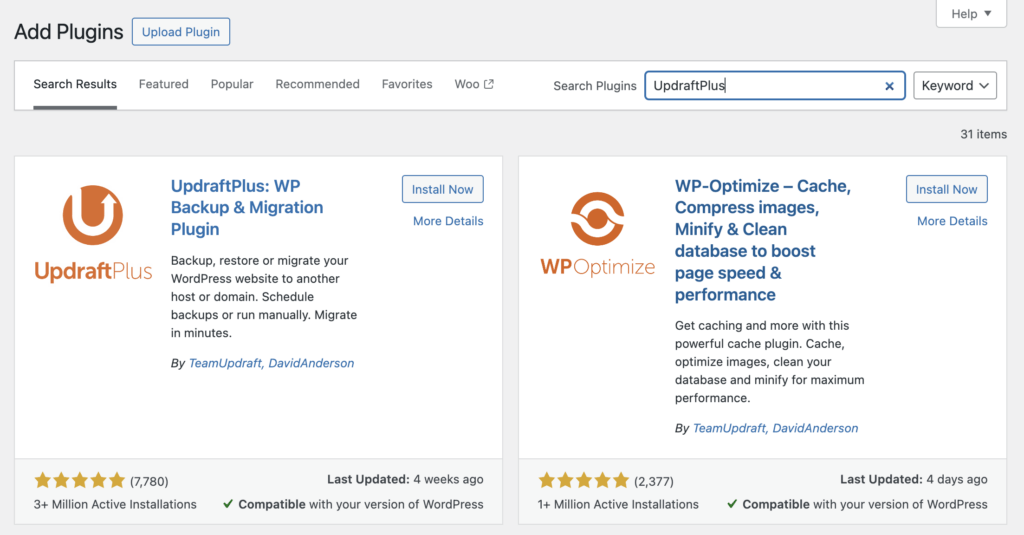 updraftplus di hasil pencarian halaman plugin wordpress