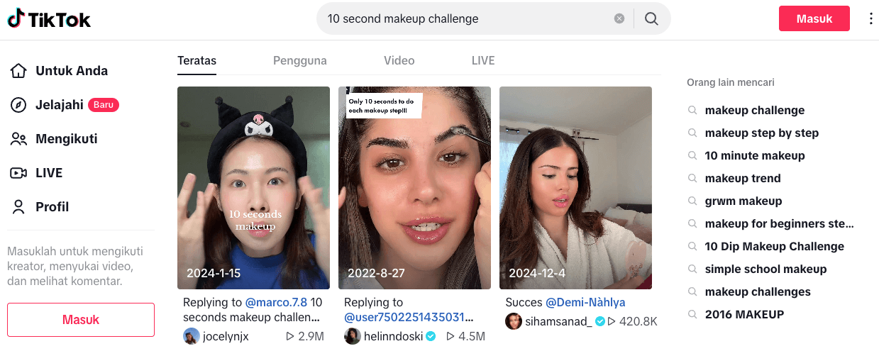 tampilan halaman pencarian tiktok untuk challenge makeup