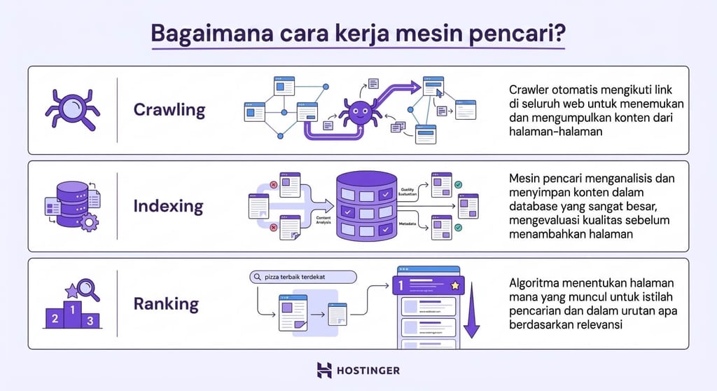 Infografik yang menjelaskan cara kerja mesin pencari