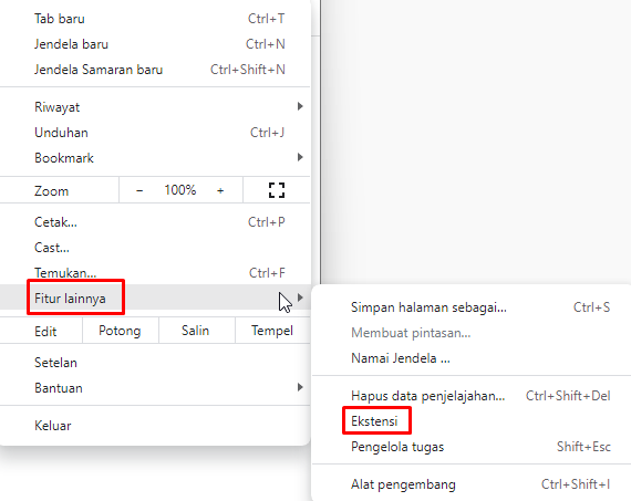 menu ekstensi google chrome