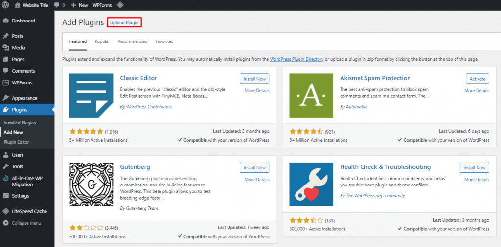 memilih menu untuk upload plugin di dashboard wordpress