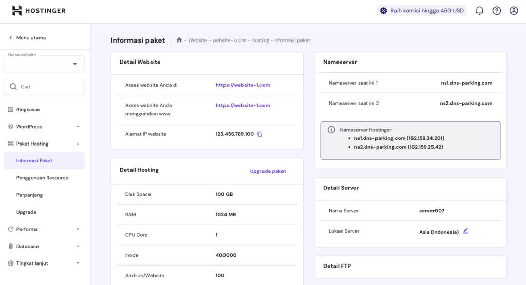 tampilan informasi paket hpanel