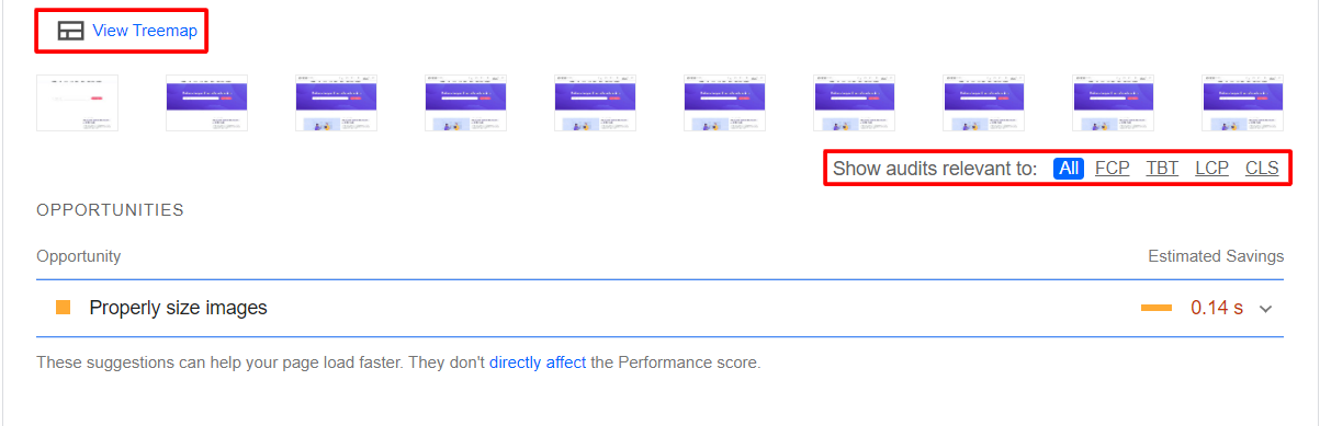 filter treemap pagespeed insights