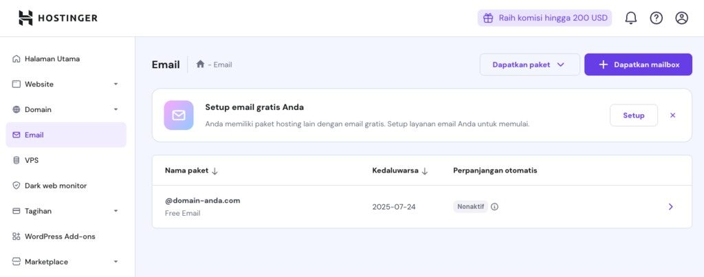 tampilan daftar email hpanel