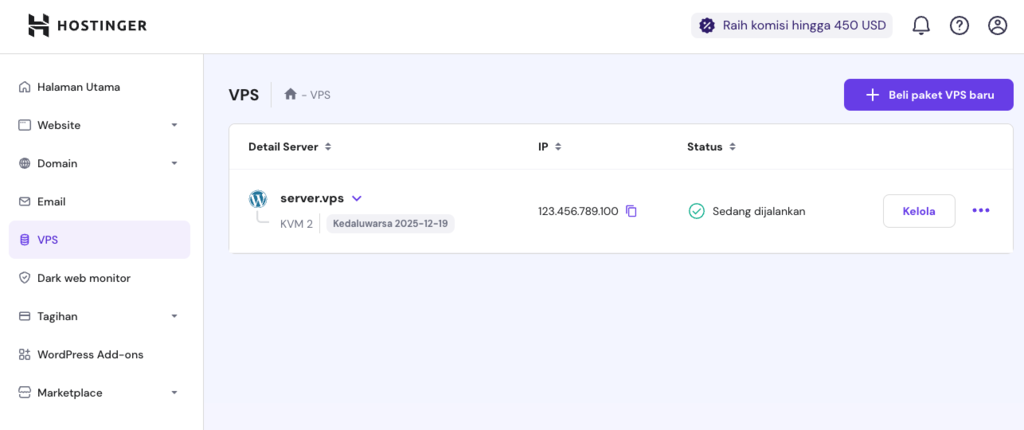 tampilan halaman VPS hpanel