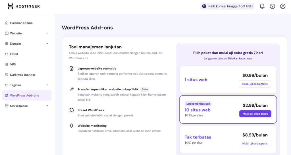 tampilan menu wordpress add-on hpanel