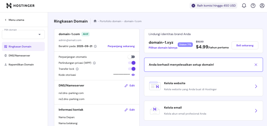 menu ringkasan domain