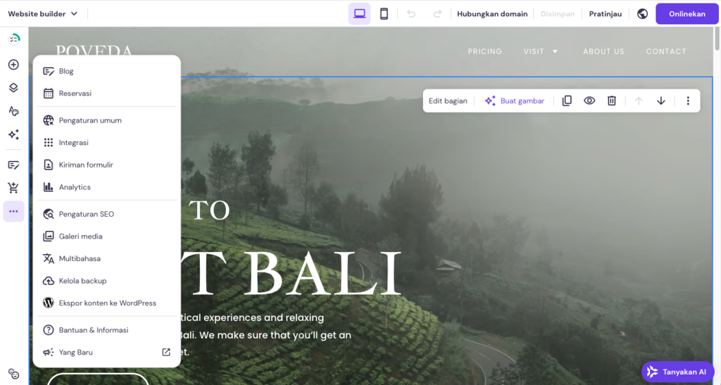 tampilan side menu website builder hostinger