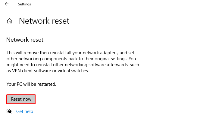 dialog network reset di windows