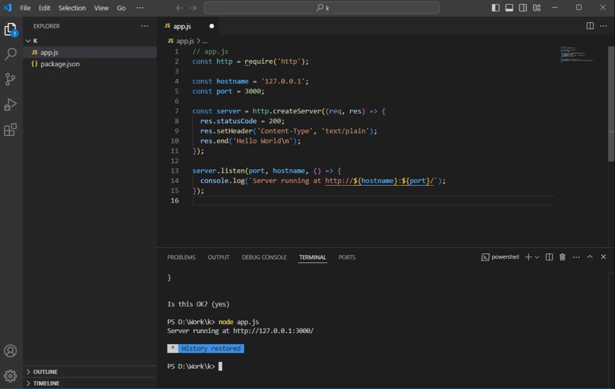 Tampilan VSCode selama pengembangan aplikasi Node.js