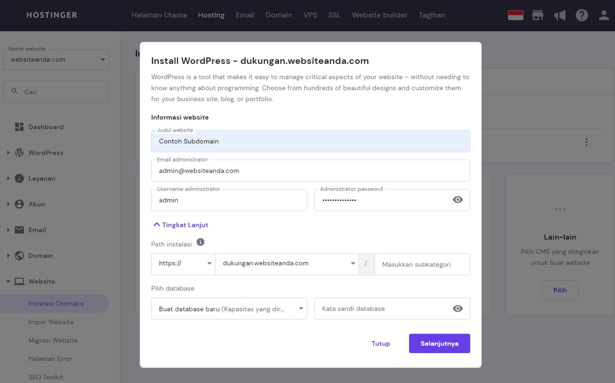 contoh cara membuat sub domain